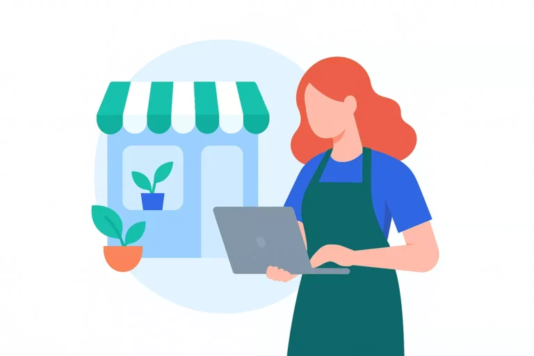 Illustration d'une entrepreneuse gérant sa boutique sur un ordinateur portable, symbolisant la digitalisation d'une petite entreprise en 2026.